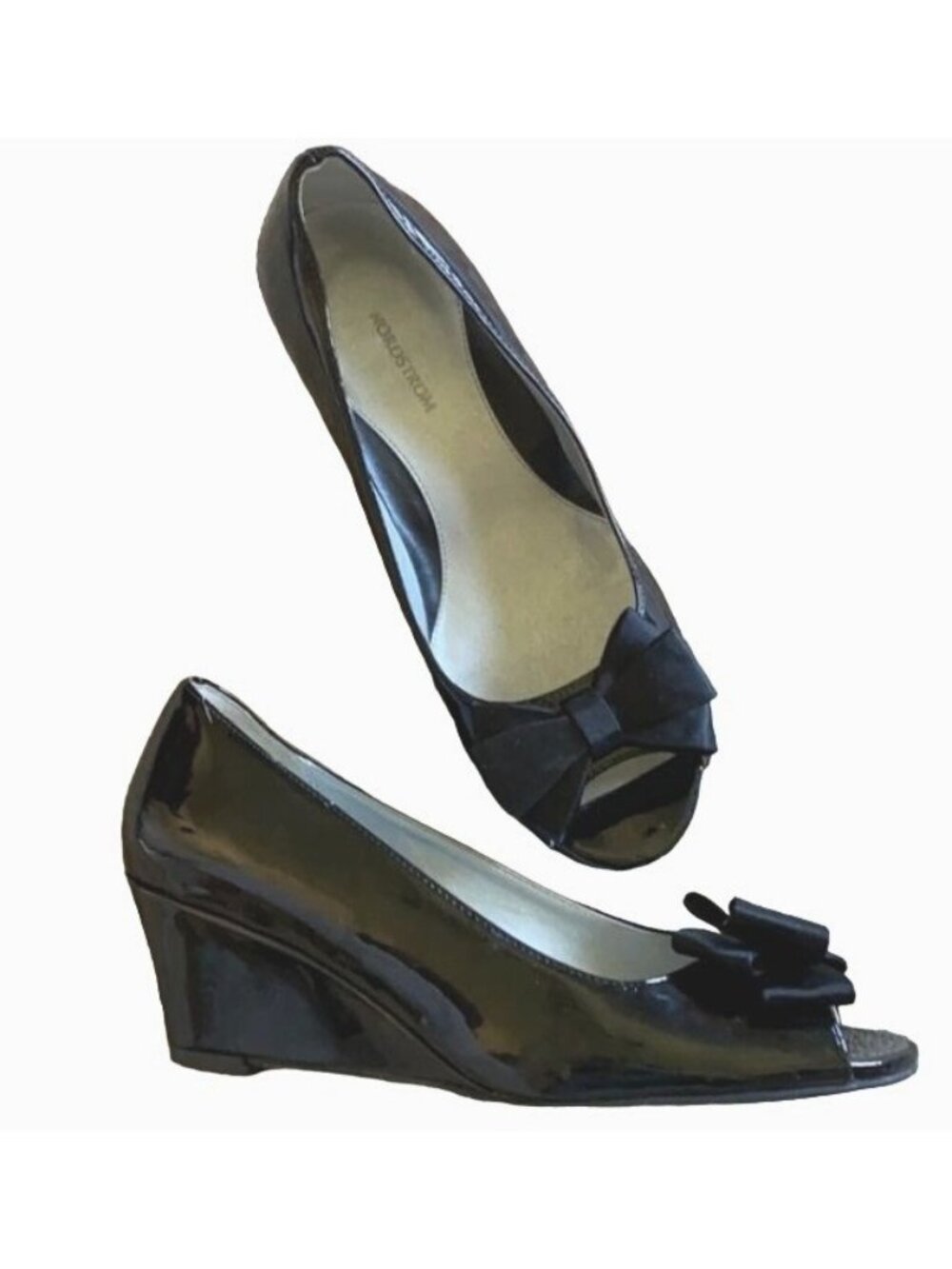 Nordstrom Children's Size 2 Black Patent Leather Peep Toe Wedge Shoes With Bow
